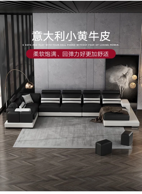 Sofa da kết hợp phòng khách lớp da bò đơn giản hiện đại góc căn hộ sofa da đen trắng - Ghế sô pha