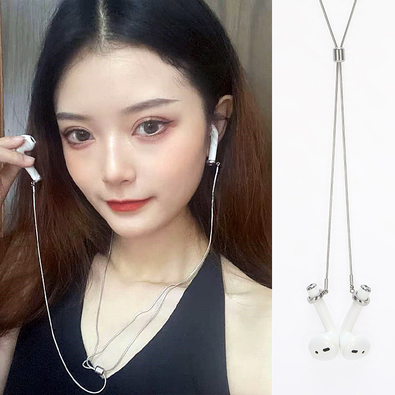 Apply Apple wireless Bluetooth headphones anti-loss chain titanium steel silver hanging neck airpodspro sports running anti-fall