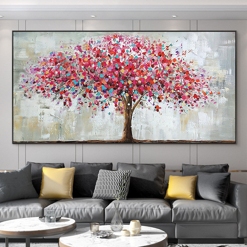 Pure hand-painted oil painting custom simple modern light luxury horizontal version fortune tree mural abstract hanging painting living room decoration painting meal