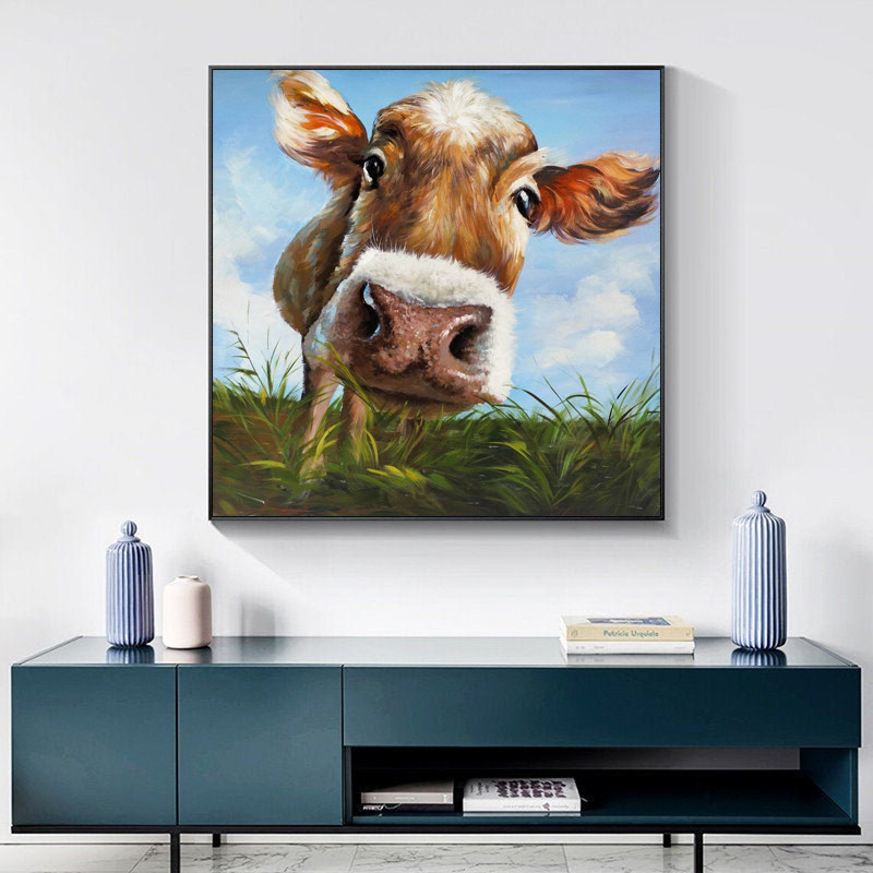 Pure hand-painted oil painting Nordic style decorative painting animal hanging painting personality cow mural bedroom children's room handmade large