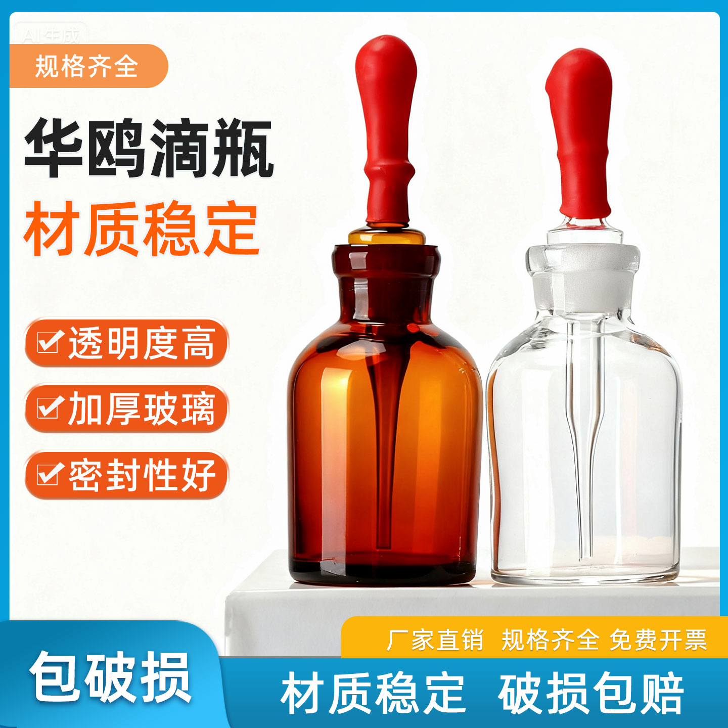 华鸥 玻璃滴瓶实验室透明白色棕色玻璃滴瓶胶头滴瓶滴管 30ml 60ml 125ml 滴管瓶附树胶头帽