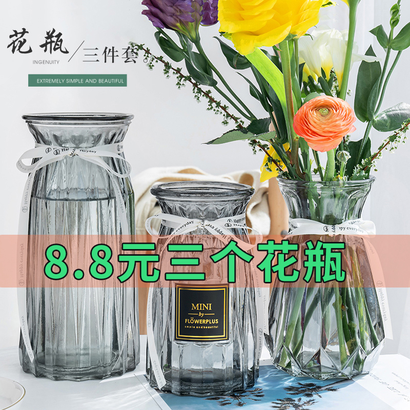 Three-piece set Nordic ins wind glass vase transparent dry flower living room arrangement flower arrangement water green lotus hydroponic lily ornament