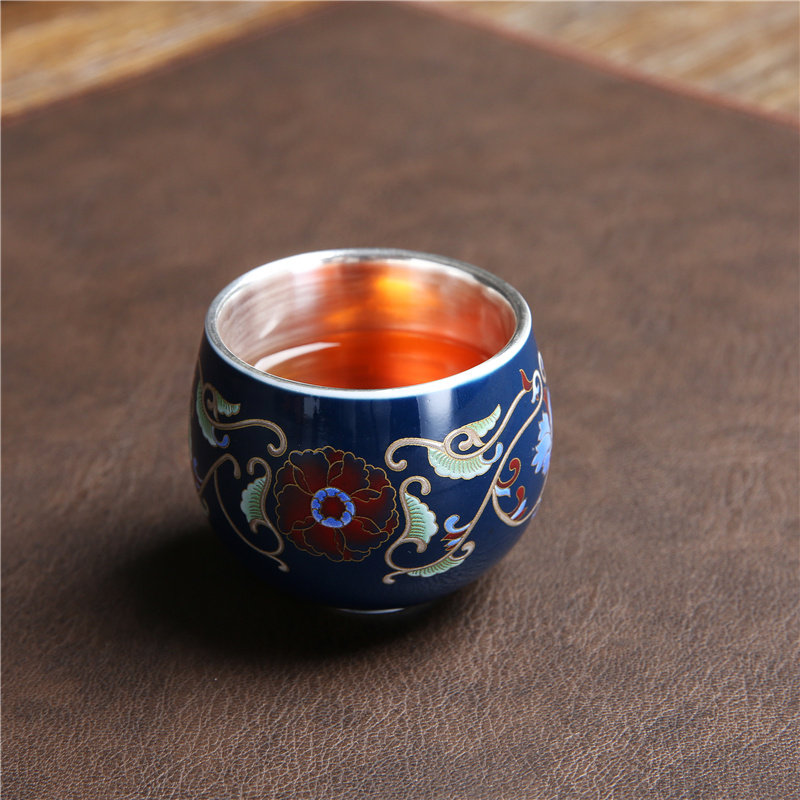 Silver cup tea cup 999 pure silver mug enamel color white tea tea set small number ceramic bucket hat-in-the-master's cup of tea