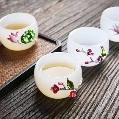 Inlaid silver white jade porcelain glass teacup Glass tea cup Master cup Japanese Kung Fu tea set Personal single cup small teacup