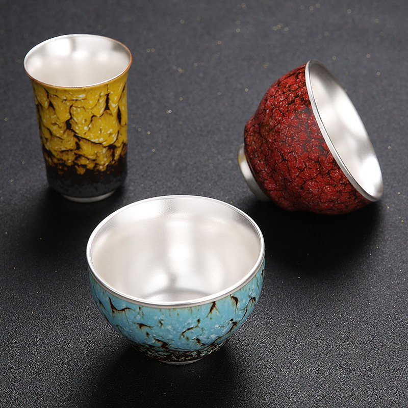 Pottery SILVER TEA CUP 999 PURE SILVER MUG PURE HAND KUNG FU TEA SET CERAMIC LINER U SILVER PINT CUP MASTER CUP