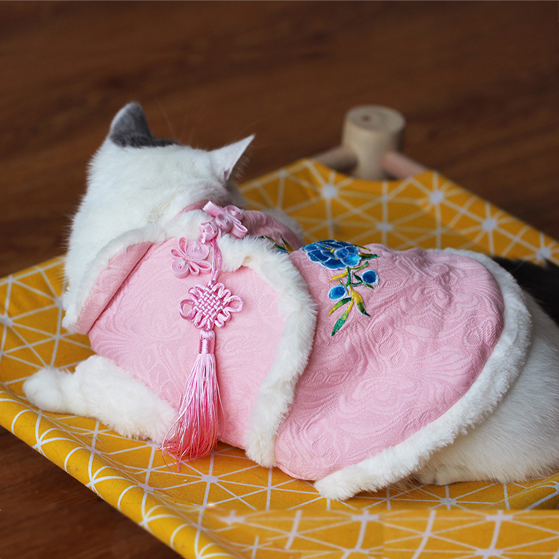 Cat clothes plus velvet Tang suit cheongsam autumn and winter clothes pet cat blue cat Garfield New Year clothes winter cotton coat
