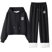 Pull back black casual sports suit 2024 new winter hot style versatile hooded sweatshirt straight pants complete set YZ