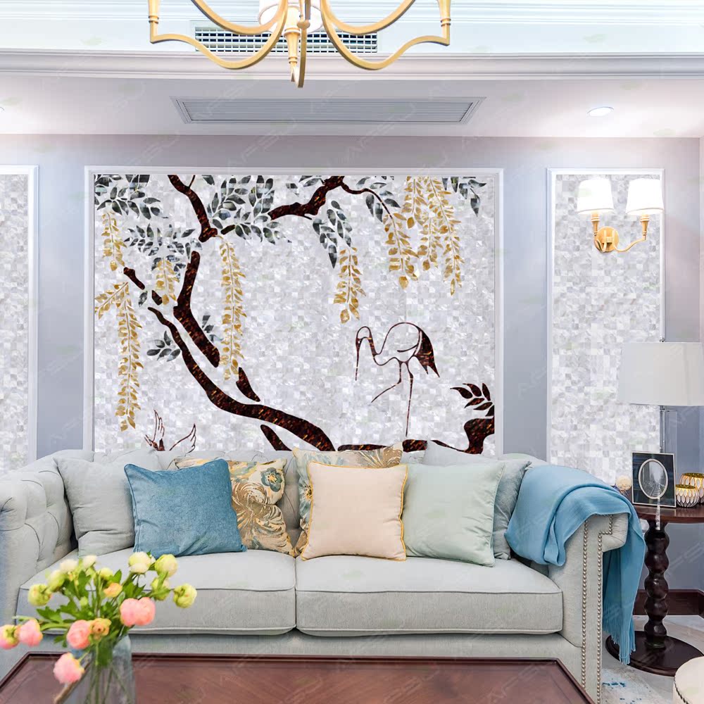 afsj Shell mosaic Chinese puzzle background wall Living room entrance bedroom modern parquet decoration Xishan Luan Crane