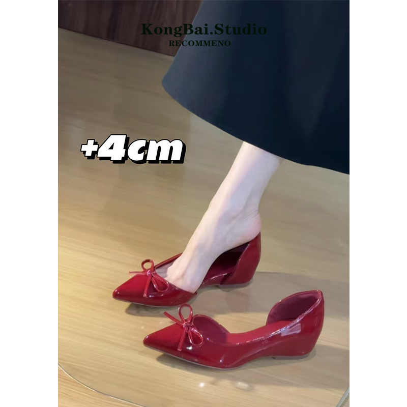 Red Bow Patent Leather Shoes for Women 2026 New Spring and Summer Small Size Height-Increasing Sandals with Side Cutouts and Flat Soles