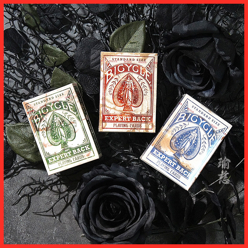 (Yu Ci Flower Cut)Expert Back Deck Distressed Expert Flower Cut Solitaire Playing Cards Vintage Red Blue Green