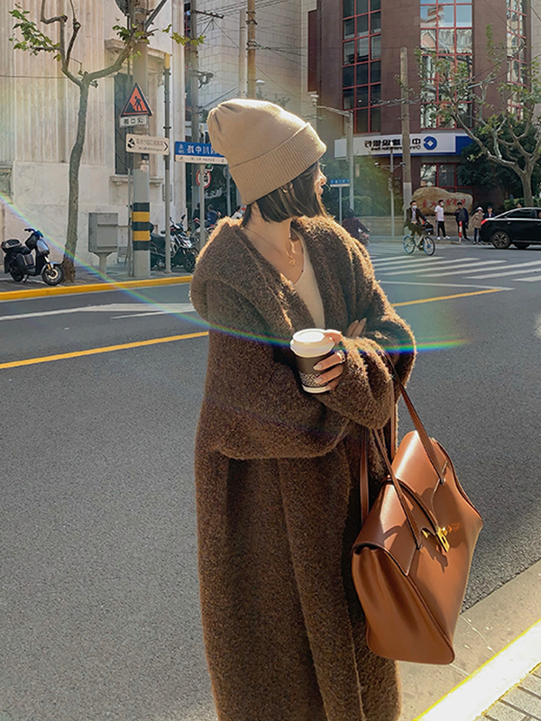Hooded Knitted Cardigan Women's Autumn and Winter Mid-Length Loose Outer Layer Lazy Style Sweater Jacket Bathrobe Outwear Thick Hooded Knitted Cardigan Women's Autumn and Winter Mid-Length Loose Outer Layer Lazy Style Sweater Jacket Bathrobe Outwear Thick
