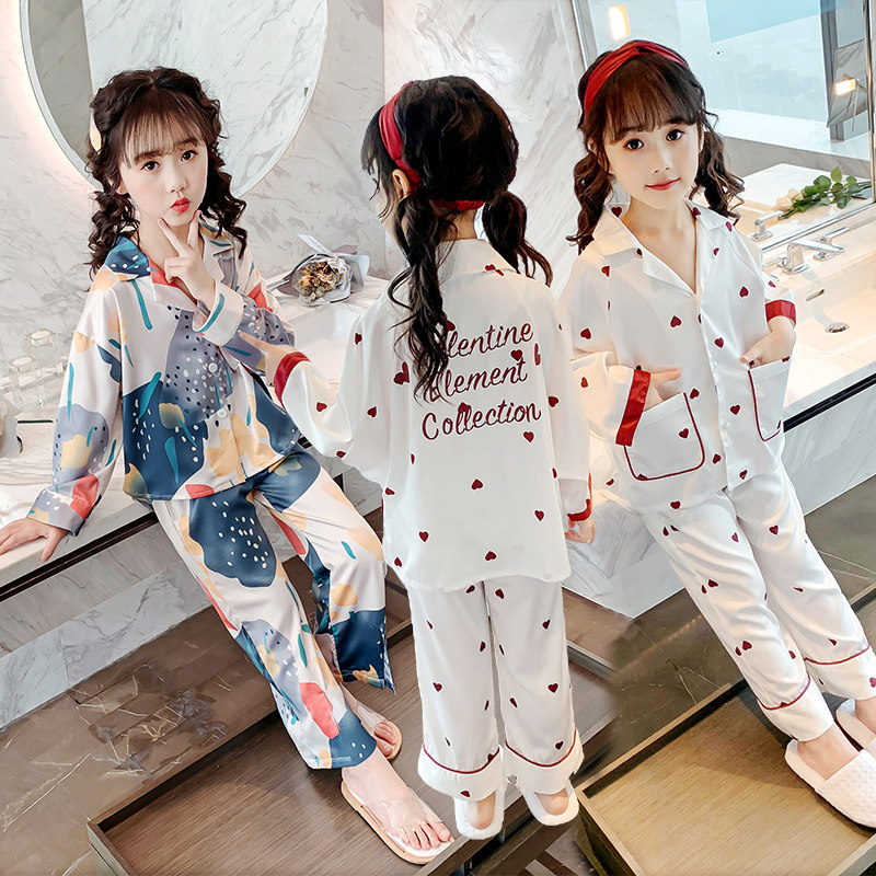 Children's air-conditioning suit in the big child baby long sleeve set ice silk set cute sweet girl girl housewear