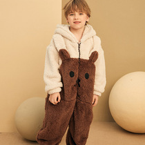 Childrens conjoined pajamas autumn and winter New coral velvet cute little boy casual flannel winter boy home clothes