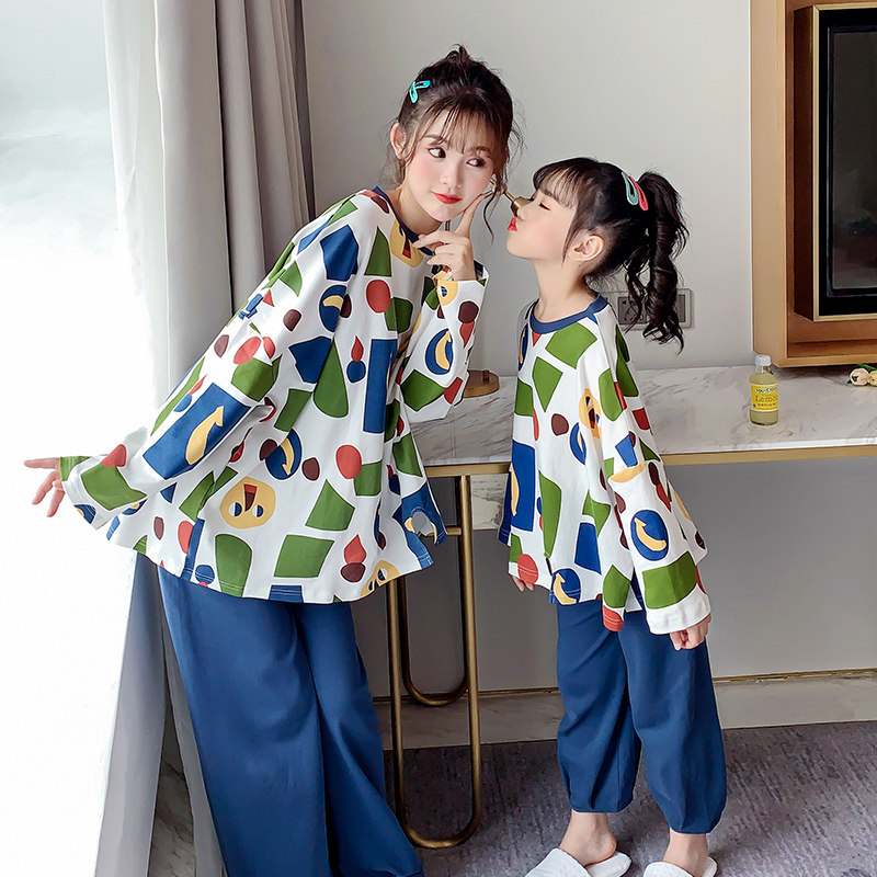 Girls pajamas Spring and autumn cotton Medium and large children's long-sleeved suit Cotton cute mother and daughter parent-child homewares autumn