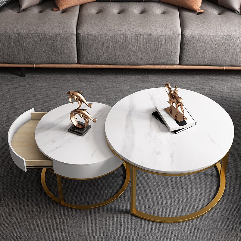 Nordic Marble Round Tea Table TV Combo Modern Minima Home Living Room Small Family Table Light Lavish Rockboard