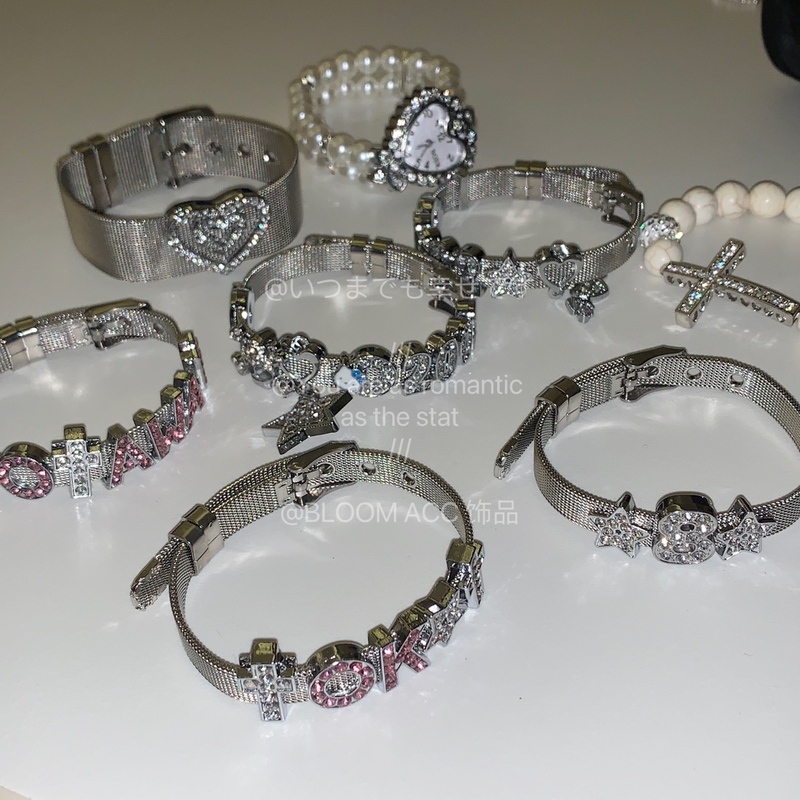 Y2K Style Hot Girl LAOSHU Letter Rhinestone Heart Cross Watch-Style Silver Bracelet Titanium Steel Jewelry Trendy