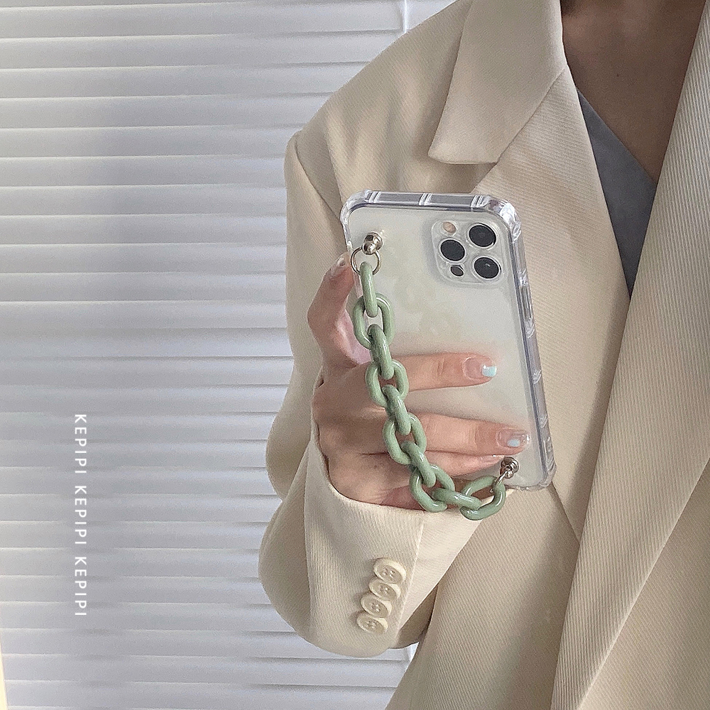 Japan and South Korea ins simple avocado green chain suitable for x apple 12iPhone12promax transparent protective shell niche women