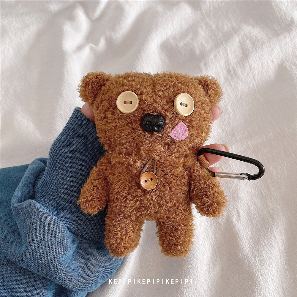 ins cute plush three-dimensional button bear suitable for airpods protective sleeve pro3 apple wireless earphone shell 2 generation