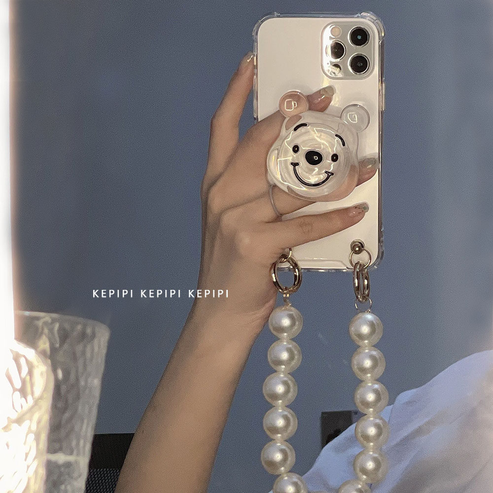 Japan and South Korea ins pearl chain transparent cartoon bear bracket suitable for x apple 11 mobile phone protective shell iPhone12promax