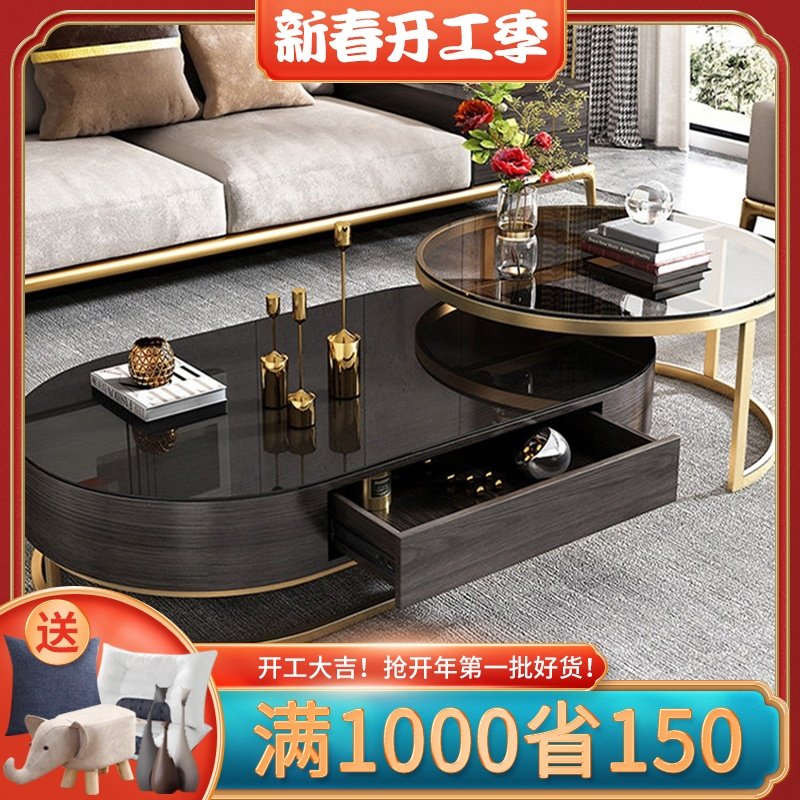 Light luxury oval rock slab coffee table TV cabinet combination small apartment living room home modern simple new tea table table