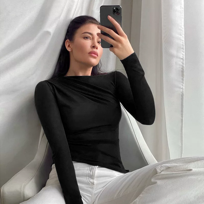 Длинный топ с длинным рукавом для женщин basic crop top, приталенный Y2K, размеры S–L, белый и чёрный