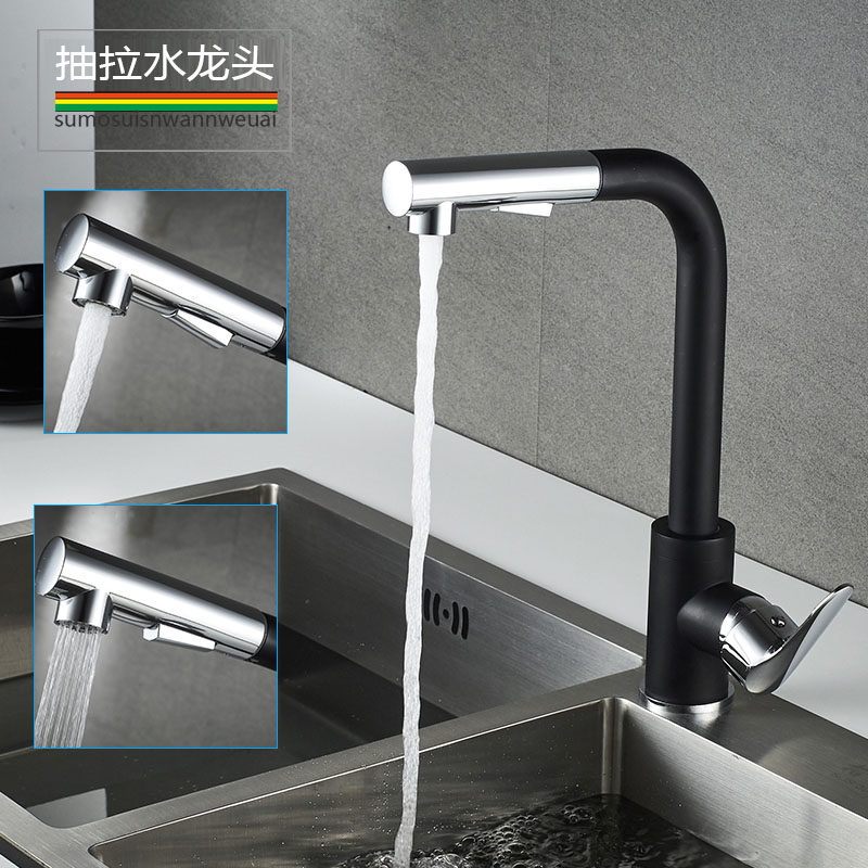 View of Jingno full copper hot and cold pull-out kitchen tap black telescopic rotary washing vegetable basin sink tap