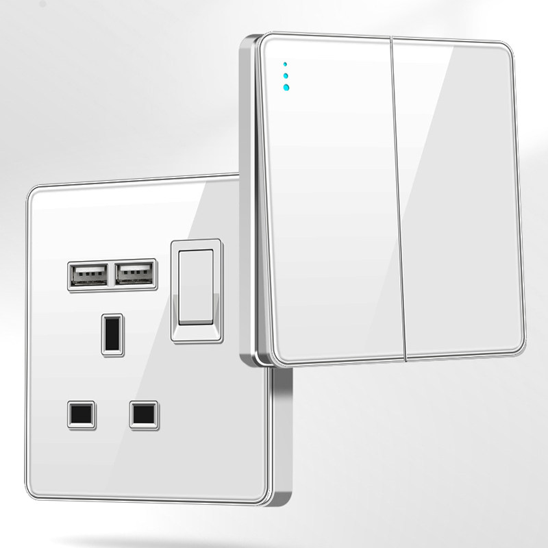 13A English standard white glass usb socket Hong Kong Australian version electric light system LED switch type-C fast charging panel-Taobao