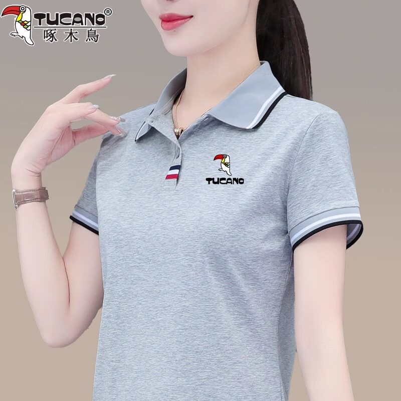 啄木鸟纯棉短袖t恤女夏季2026新款Polo衫宽松显瘦立领运动休闲T恤