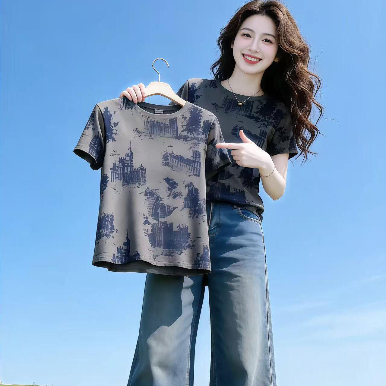 啄木鸟圆领正肩短袖t恤女2026夏季新款复古印花时尚洋气百搭上衣