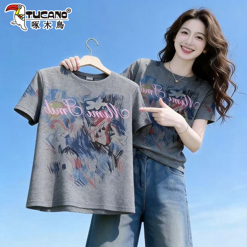 啄木鸟纯棉短袖t恤女2026夏季新款复古洋气时尚休闲百搭上衣