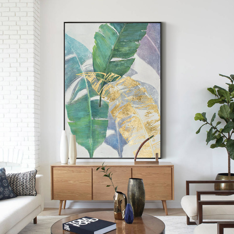 Pure hand painted oil painting modern living room gold foil abstract decoration painting Nordic Xuan corridor aisle leaf library hanging painting