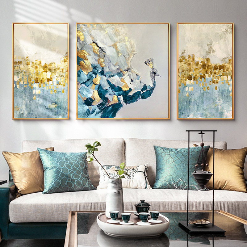 Pure hand-painted oil painting modern minimalist living room light luxury peacock triple decorative painting porch sofa background wall painting