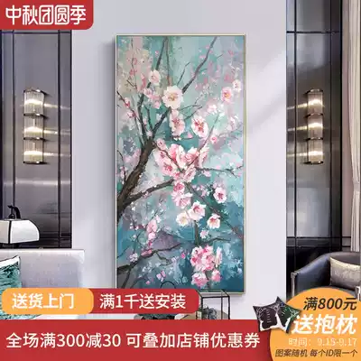 New Chinese Peach Blossom hand-painted oil painting porch vertical painting tea room study single mural living room dining room decorative painting