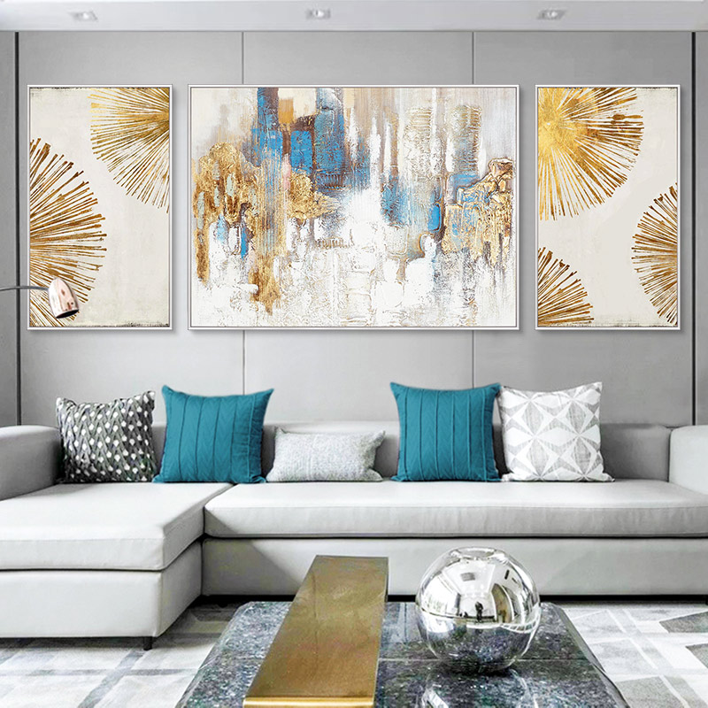 Modern minimalist living room Triple drawing hallway Pure hand painted light luxury bedroom sofa background wall decoration painting