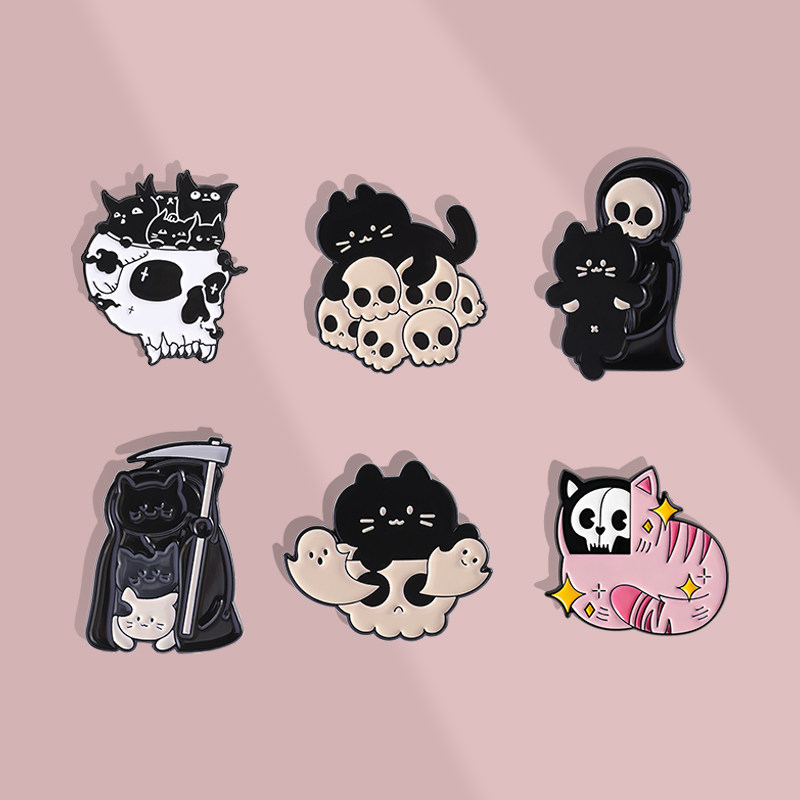 Cartoon skull cat brooch, punk style skull kitten badge, metal emblem, men's and women's bag accessories