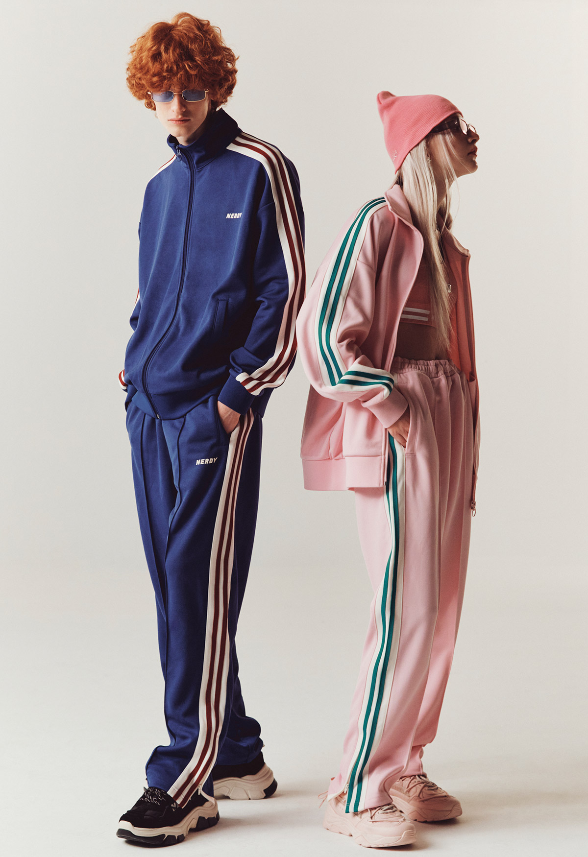 South Korea Boom Nerdy Vertical Striped Macaron Transport Suit Women's Jacket Sports Pants Male Couple New 22 Spring