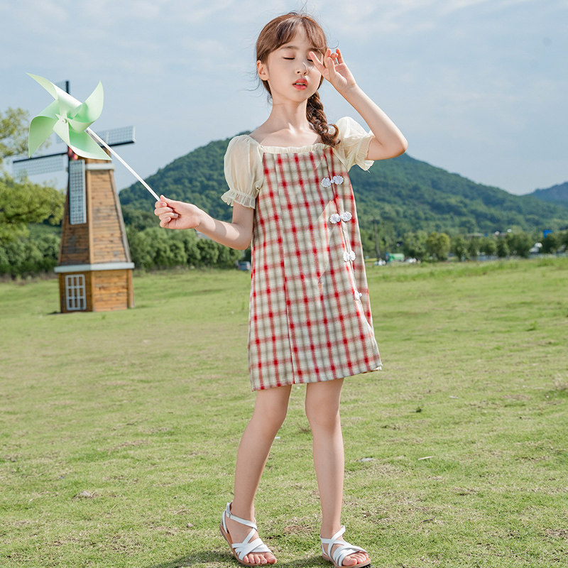 Girl Qipao Summer Dress 2020 New Children's Bubble Cuff Retro Hanfu Hanfu Dresses Girl Plaid Plaid Dress