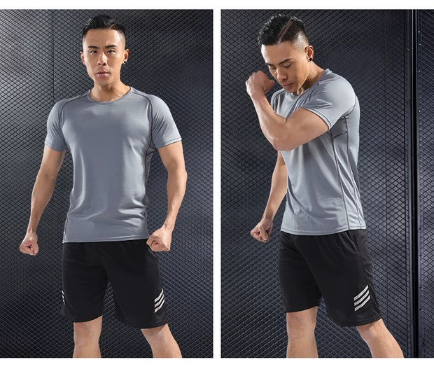 Bộ đồ thể thao nam chạy bộ tập gym phù hợp với quần short mùa hè ngắn tay cưỡi nhanh quần áo thoáng khí - Quần áo tập thể hình