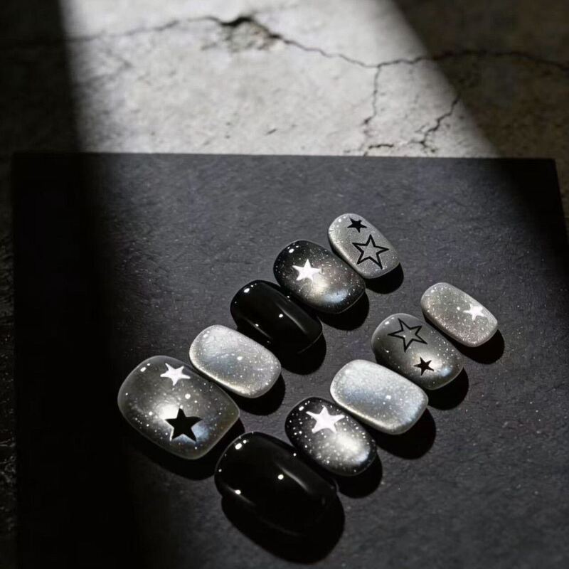 Silver Glitter Starburst Wearable Nails Gradient Galaxy Cat Eye Stars Y2K Sweet Cool Hot Girl Style Short Beaded Nail Stickers