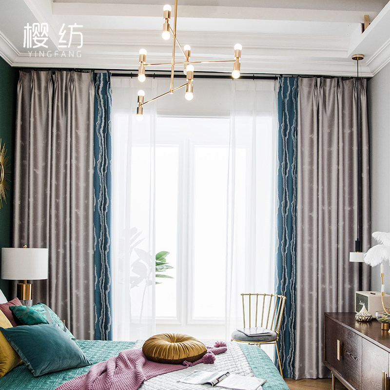 Light luxury curtain bay window full blackout cloth bedroom gauze curtain Nordic modern minimalist shade cloth living room hook curtain cloth