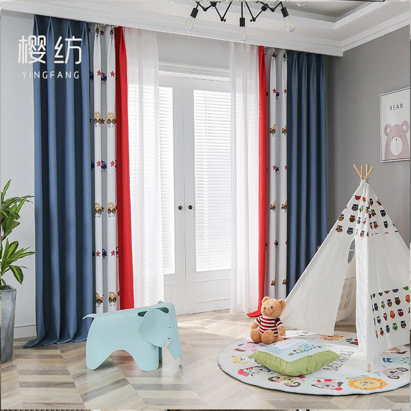 Nordic simple children's curtains boy bedroom seamless stitching cartoon car bay window curtain blackout curtain cloth