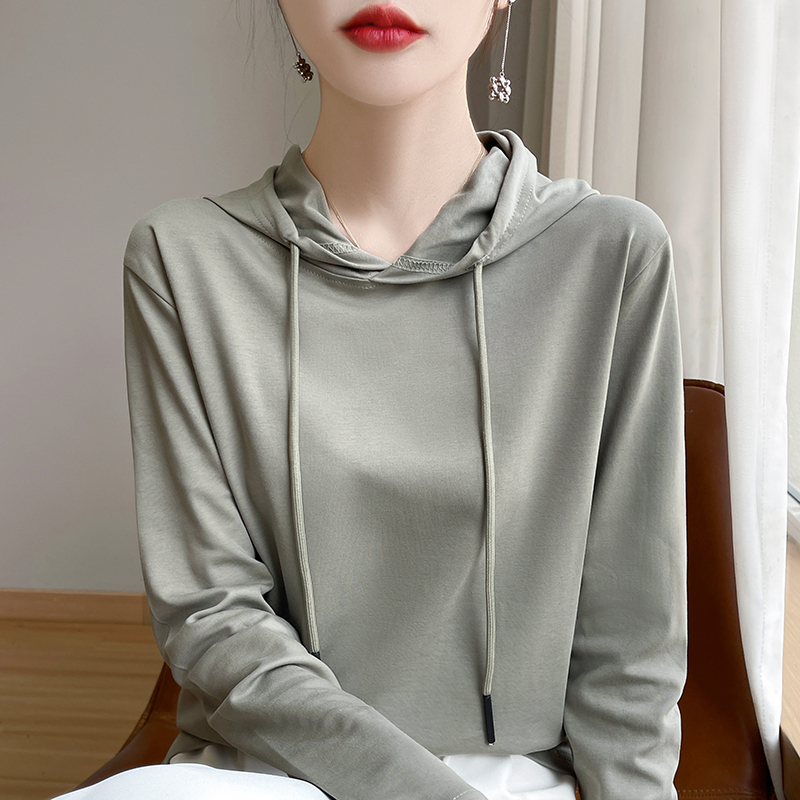 【New Domestic Product】100% Pure Cotton T-Shirt Women's Hooded Sweatshirt Long Sleeve Combed Cotton Versatile Loose Fit Plus Size Solid Color