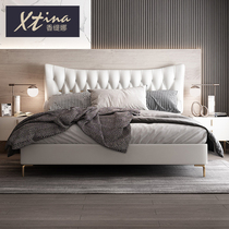 Leather bed Double bed postmodern simple master bedroom small apartment Hong Kong-style light luxury metal buckle Qi-side bed Wedding bed