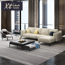 Nordic leather sofa first floor cowhide living room Italian light luxury small apartment corner down leather sofa Chaise longue combination