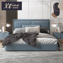 Postmodern first layer cowhide light luxury leather bed 1 8 meters master bedroom wedding bed storage bed Double bed Italian soft bag bed