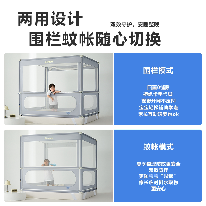 本屋创品防摔围栏蚊帐二合一：宝宝安全睡眠新选择，妈妈放心神器！👶 -蚊帐-淘宝百科网