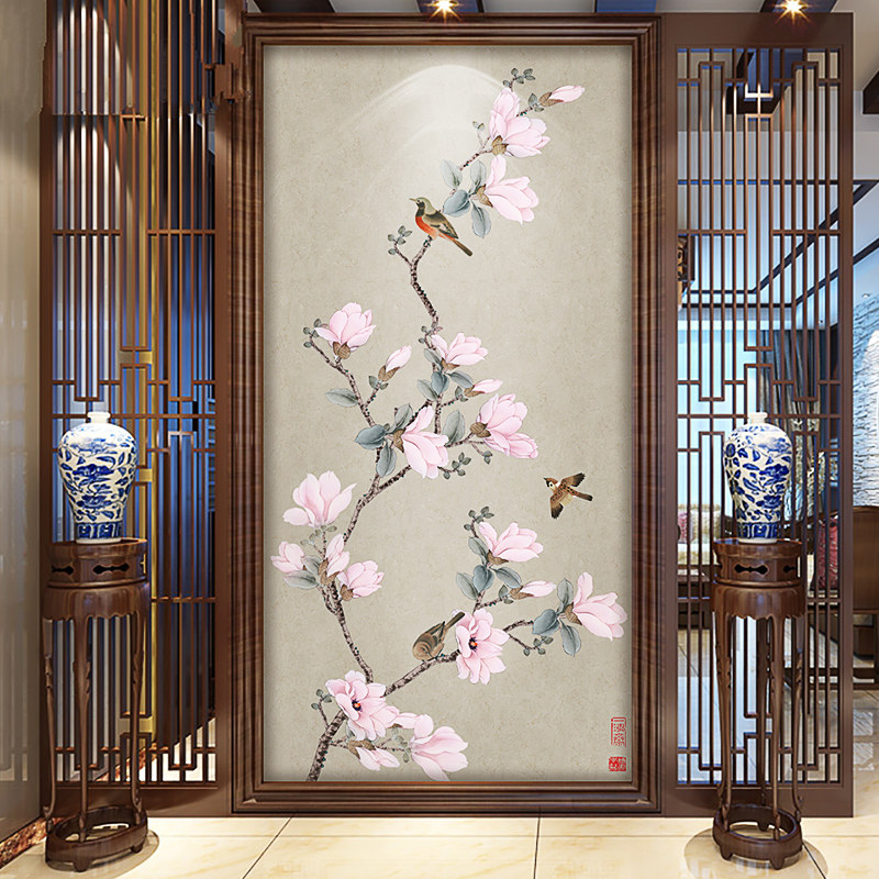 Modern New Chinese Wallpaper Seamless Jade Orchid Bird Mural Painting Genguan Wallpaper Aisle Book Room Living Room Background Wall Cloth