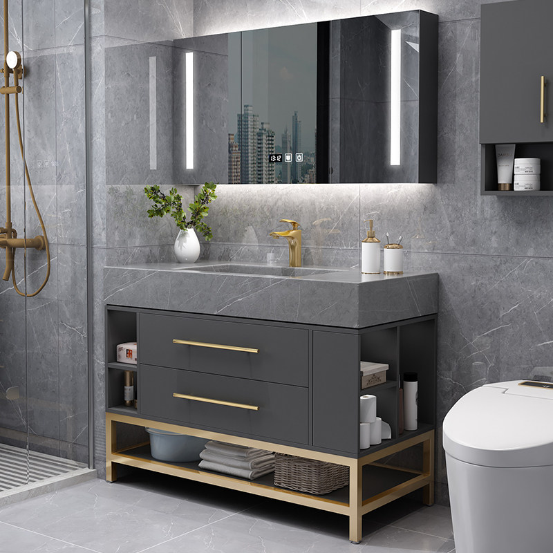 Intelligent bathroom cabinet combination Rock plate one-piece washbasin Powder room Waterproof wash Taipei European light luxury hand wash face pool