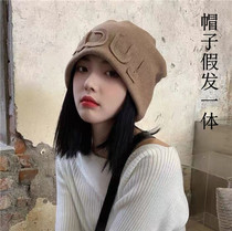 Hat Wig Integrated Woman Zishoulder Short Hair Autumn Winter New Fashion Letters Knit Hat Heaps Pile Cap Wig Sleeve