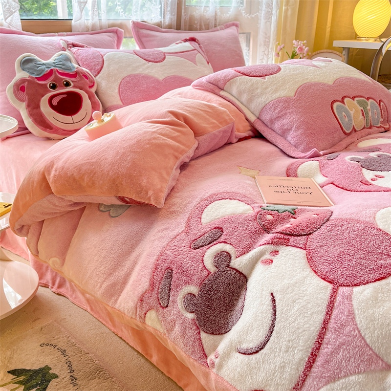 Strawberry Bear Coral Velvet Milk Velvet Quilt Cover Single Piece Winter Thickened Flannel 150X200 Sheets Three or Four Piece Set